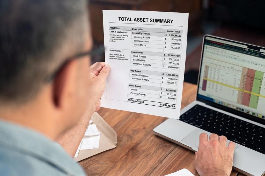 old man looking at the total asset summary